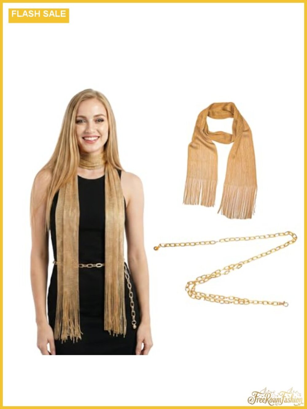 Shimmer Fringe Scarf Long Tassel Ends Lightweight Shawl with Golden Belt